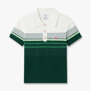 White & Green Boucle Stripe Short Sleeve Polo Shirt