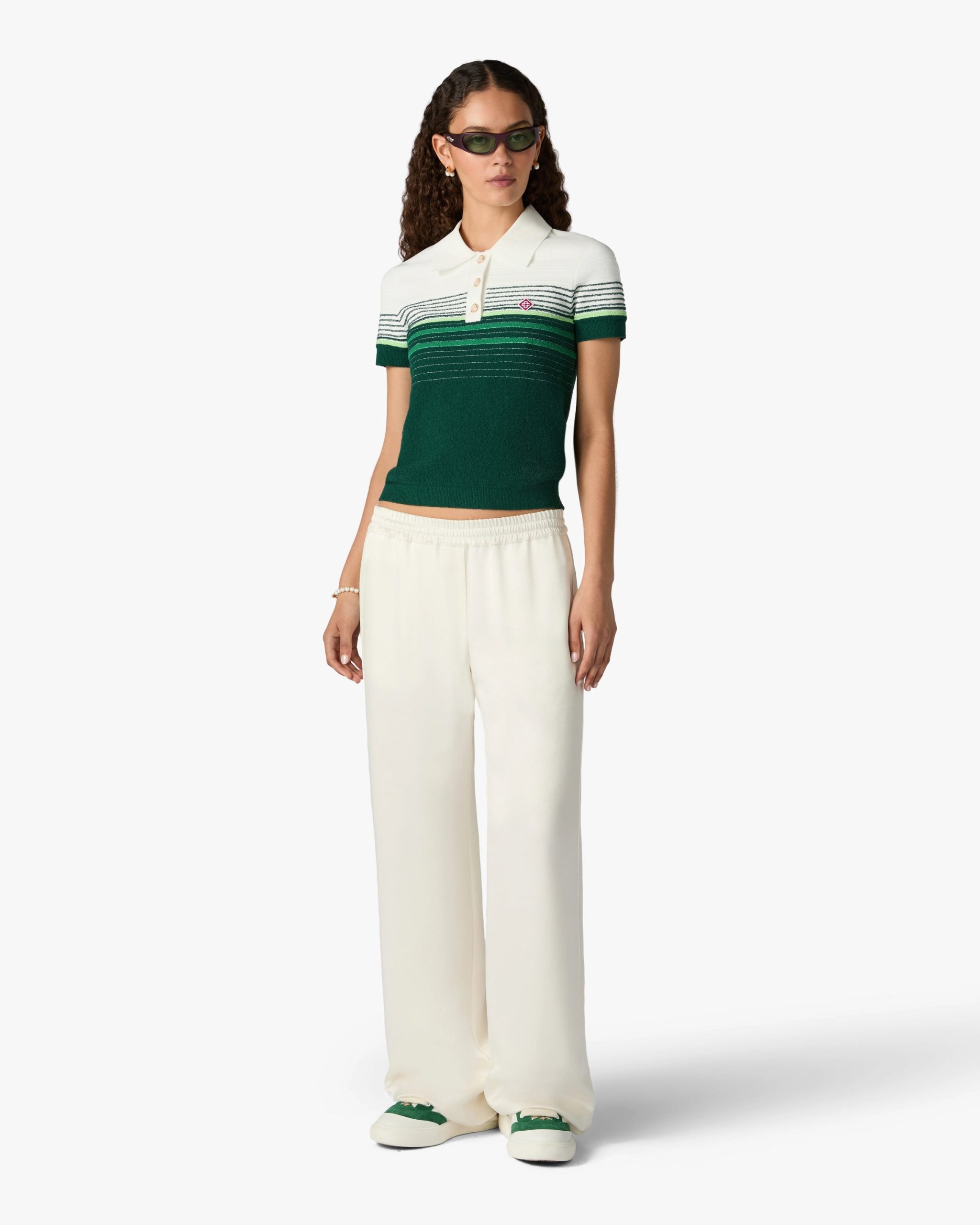 White & Green Boucle Stripe Short Sleeve Polo Shirt - Image 2