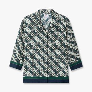 Green & Navy Check Monogram Pyjama Long Sleeve Silk Shirt