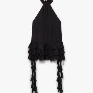 Black Silk Georgette Double Ruffle Mini Dress