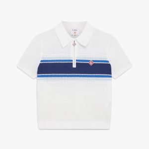 White & Blue Striped Mesh Polo Shirt