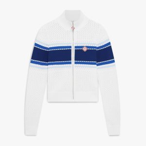 White & Blue Striped Mesh Bomber Jacket