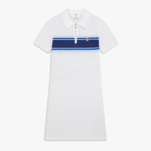 White & Blue Striped Mesh Midi Dress