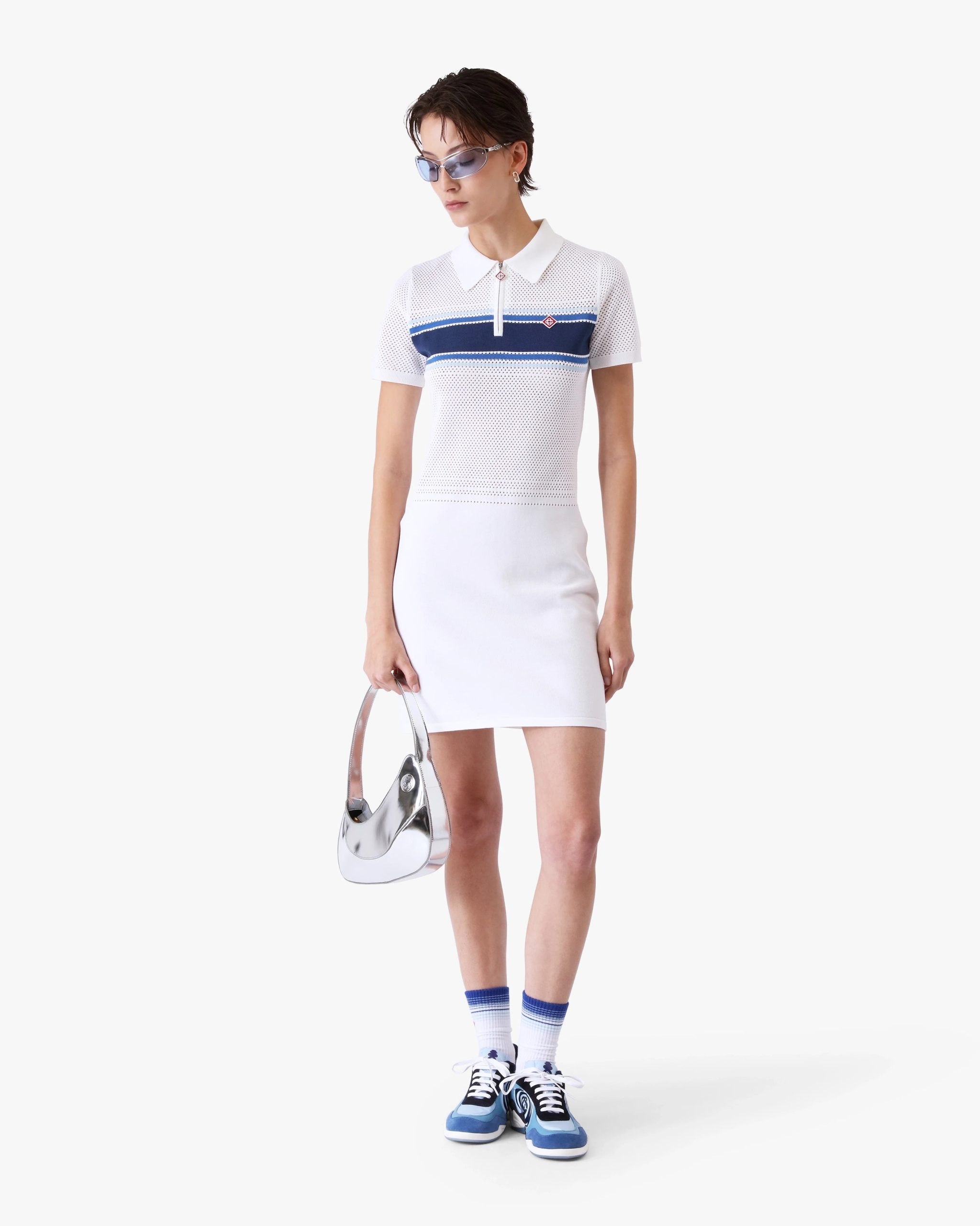 White & Blue Striped Mesh Midi Dress - Image 4