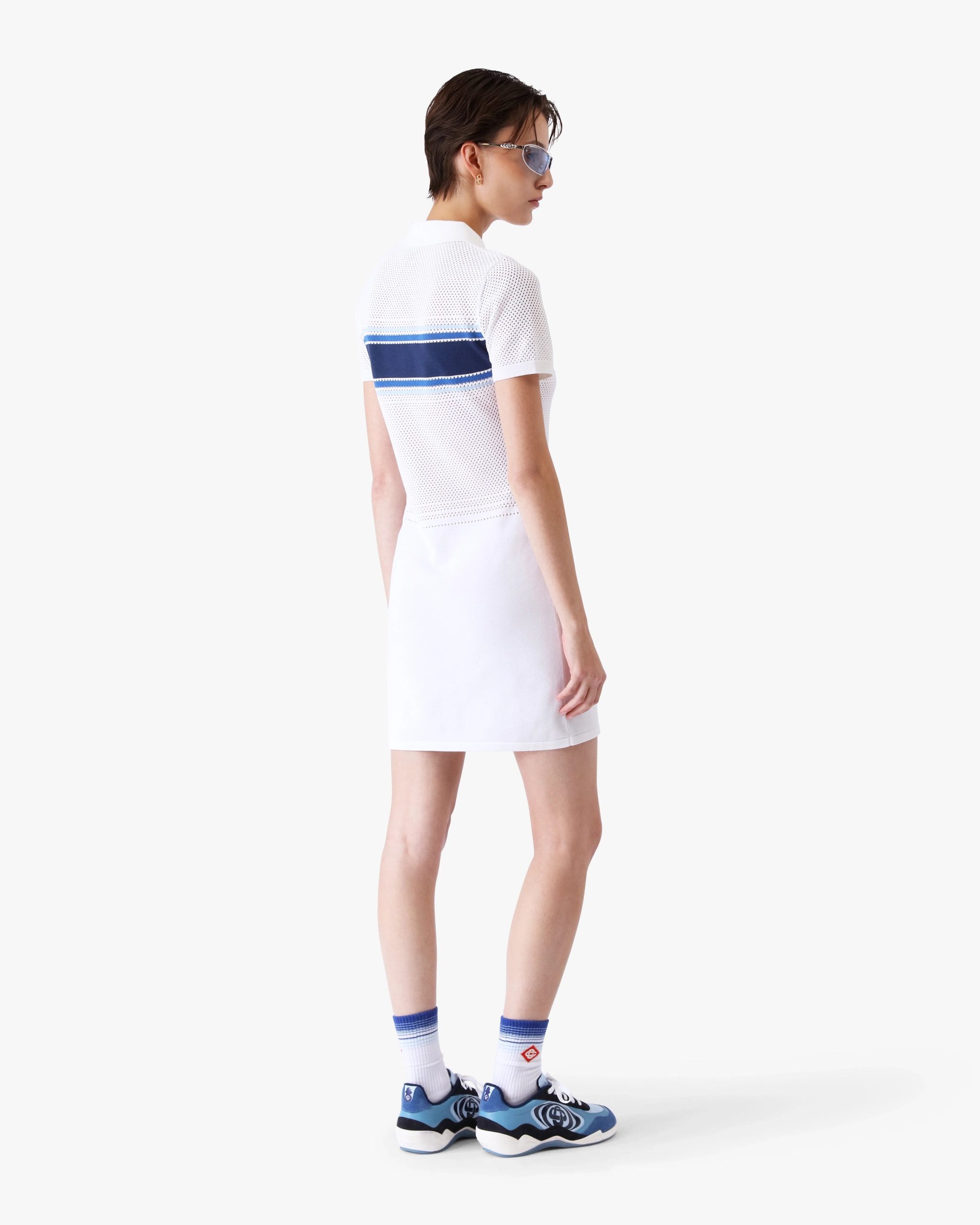 White & Blue Striped Mesh Midi Dress - Image 3