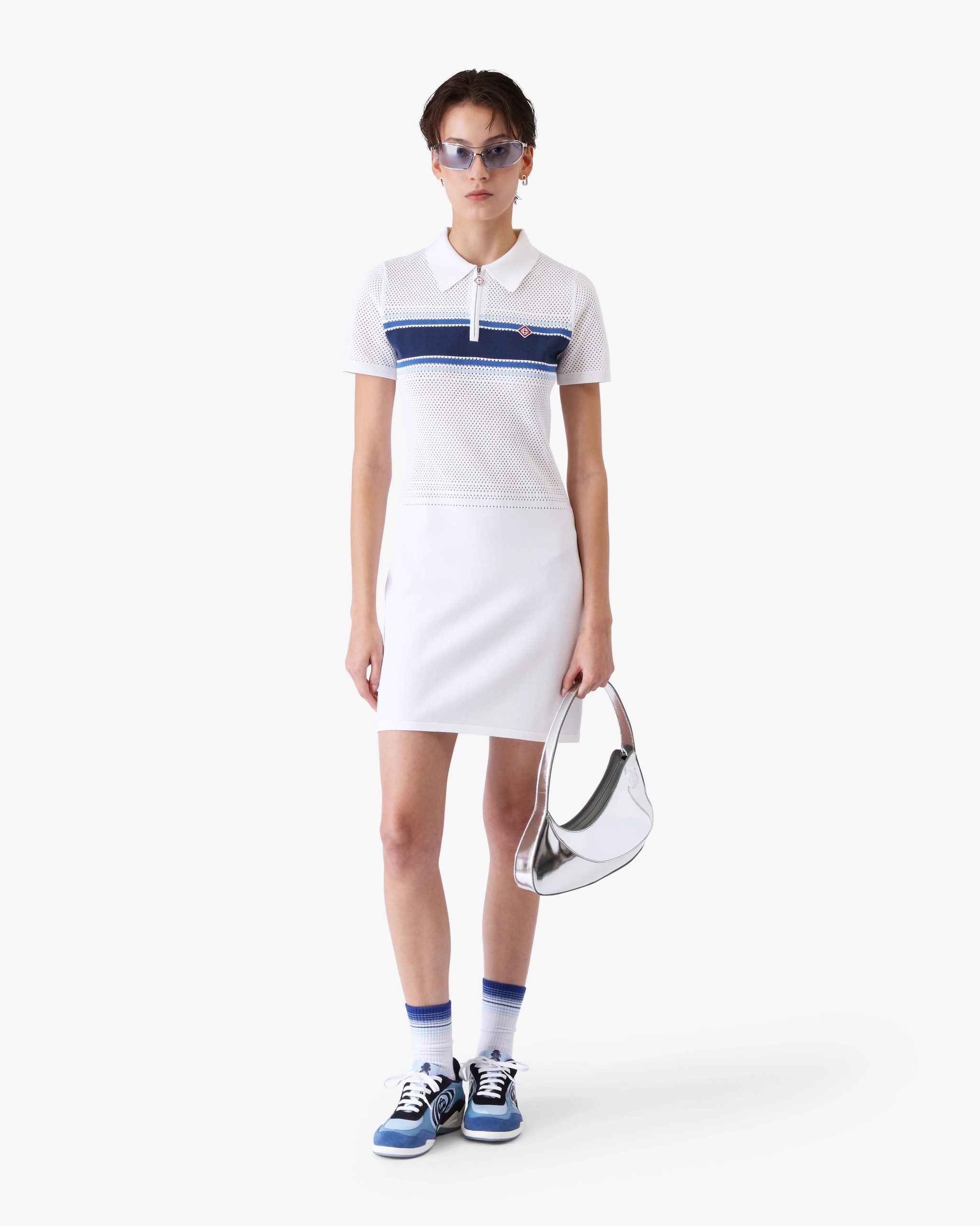 White & Blue Striped Mesh Midi Dress - Image 2