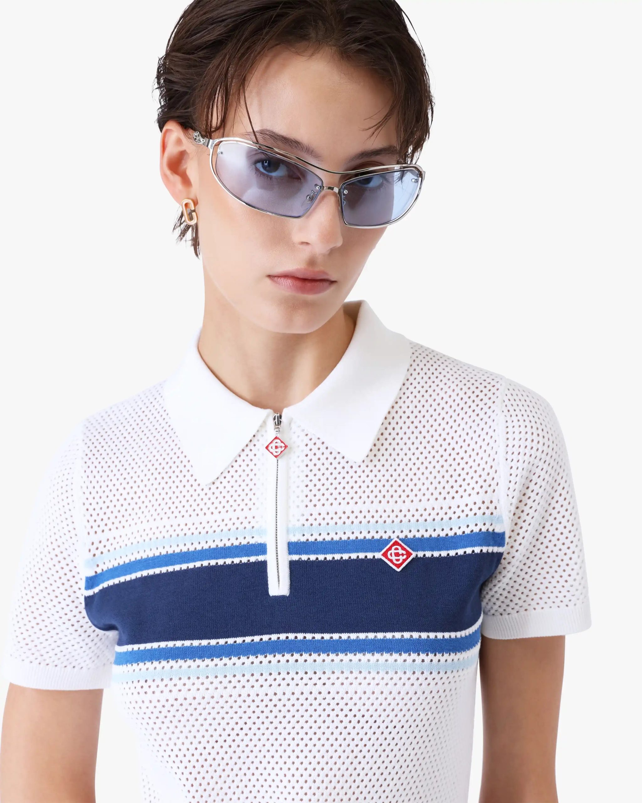 White & Blue Striped Mesh Midi Dress - Image 5