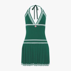 Green Pleated Halter Mini Dress