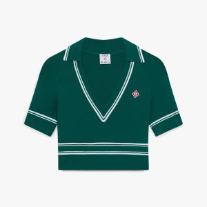 Green Cropped Knit Polo Shirt