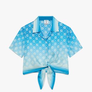 Blue Gradient Monogram Knotted Cropped Silk Shirt