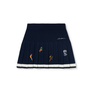 Embroidered Motif Wool Cashmere Pleated Skirt