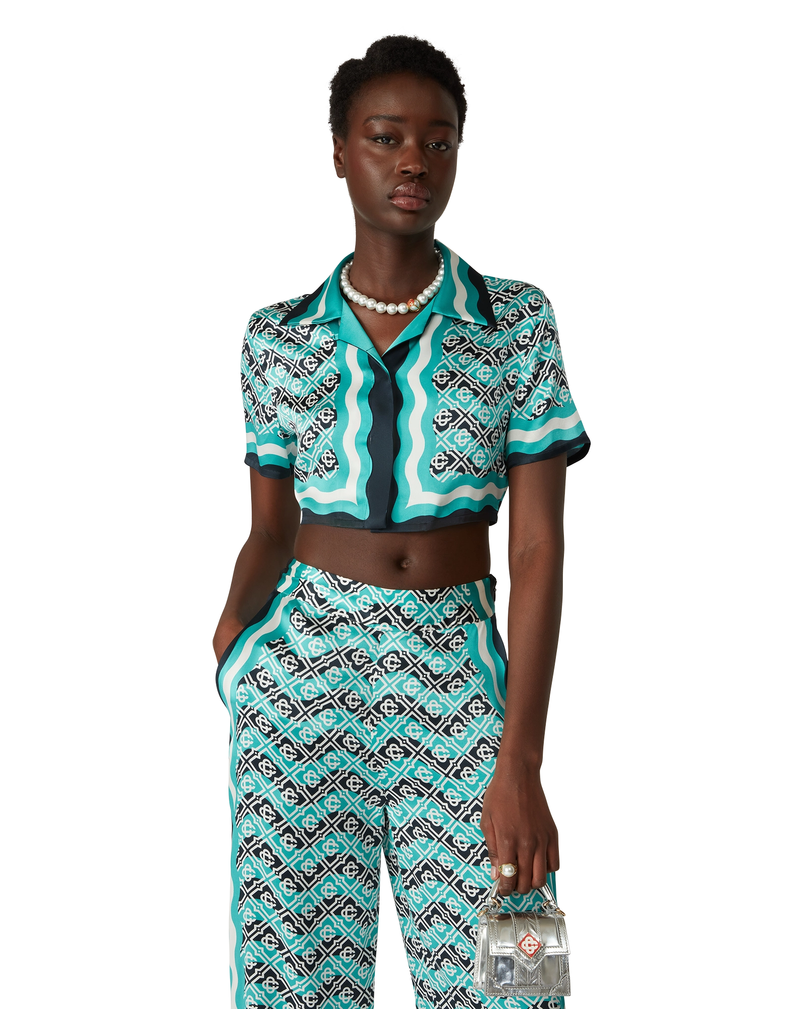 Monogram Wave Cropped Short Sleeve Silk Shirt - Image 4
